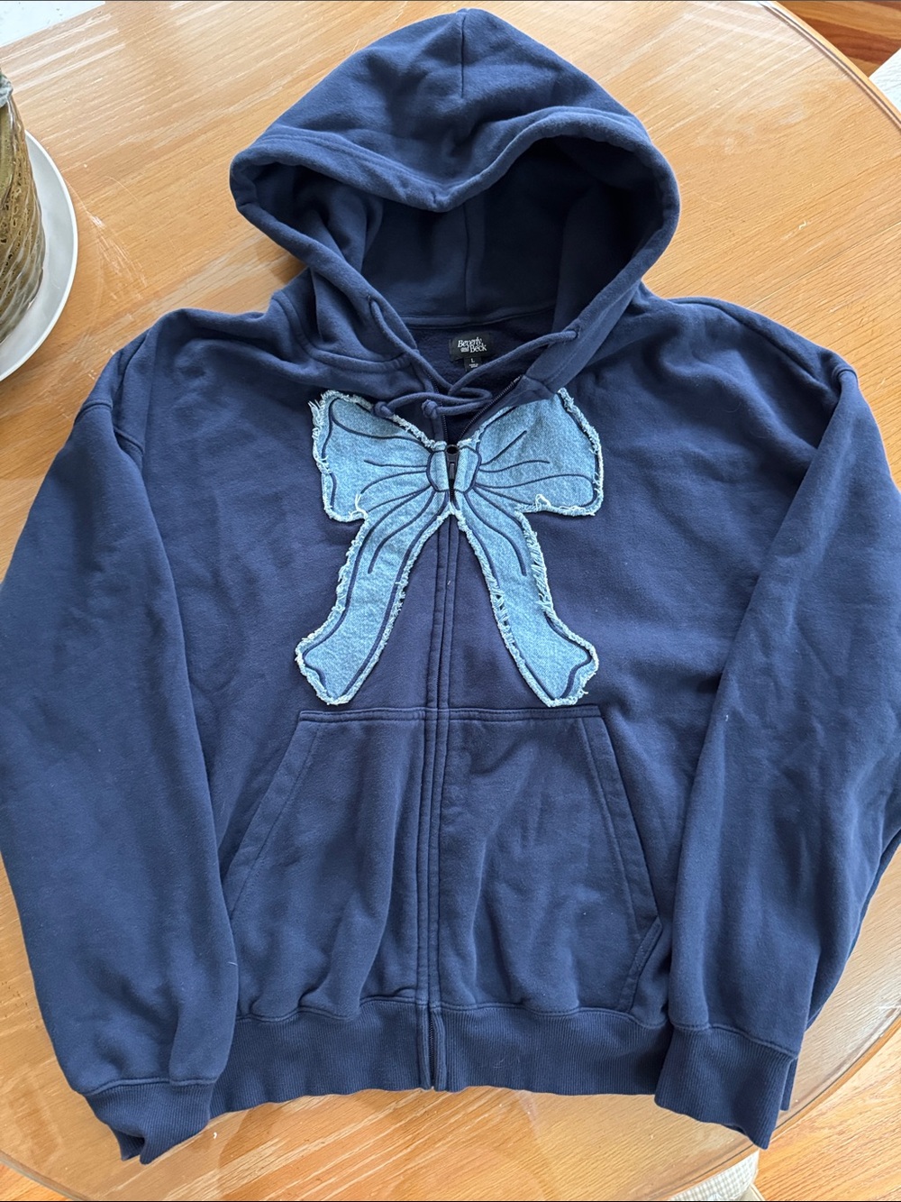 Women's Beverly & Beck Navy Zip-Front Hoodie with Light Blue Bow Applique Large